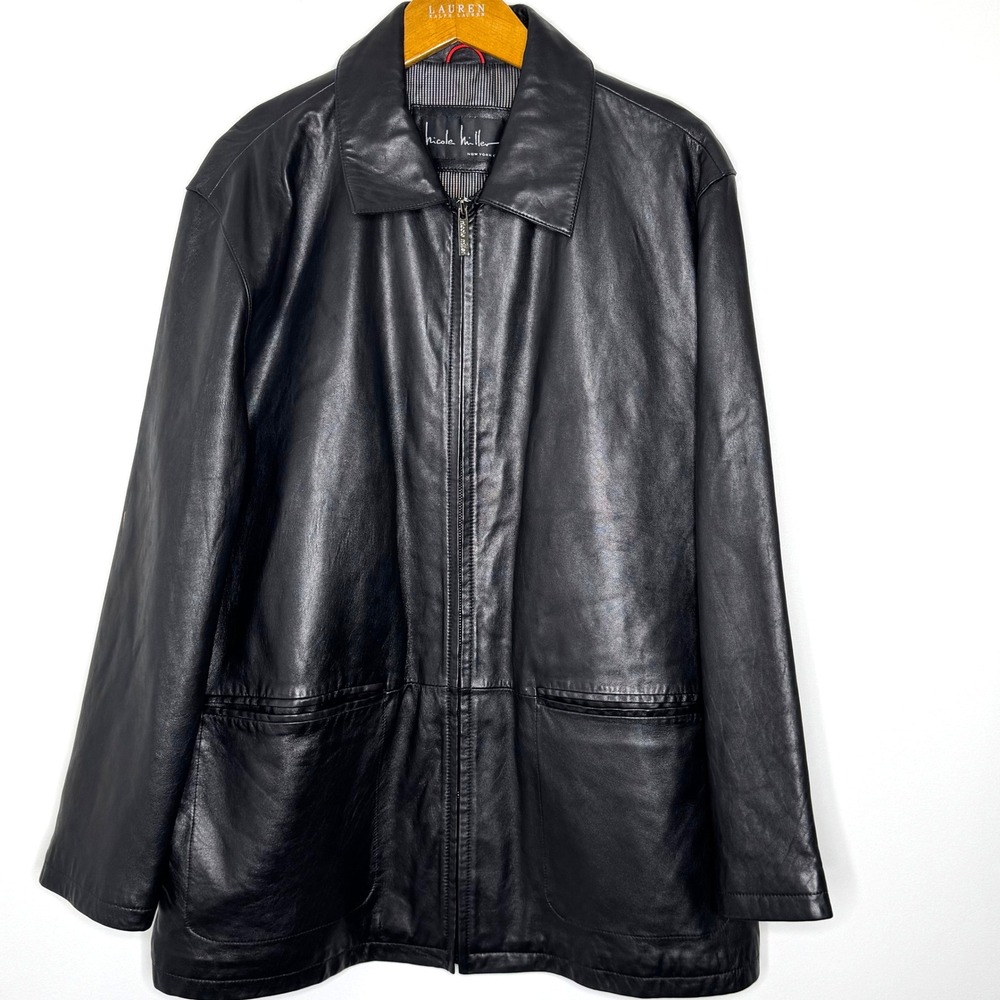 Nicole Miller Zip Front New Zealand Lamb Leather Car‎ Coat Mens Large